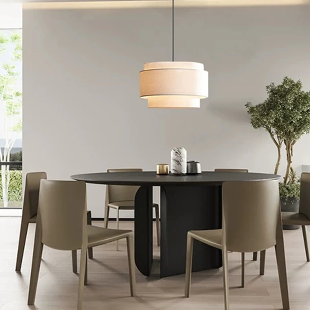 Beige Tiered Linen Drum Pendant Light - Image 6