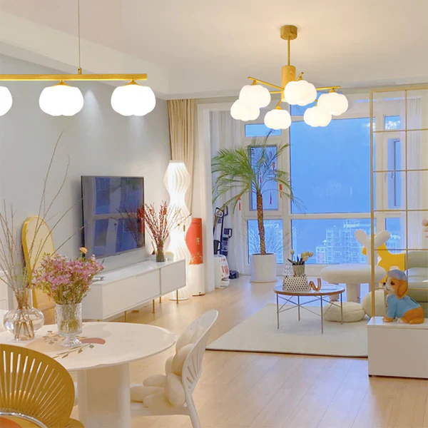 Cream Style Wooden Cotton Balls Chandelier For Living Room - Image 10