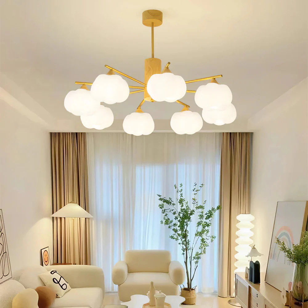 Cream Style Wooden Cotton Balls Chandelier For Living Room - Image 12