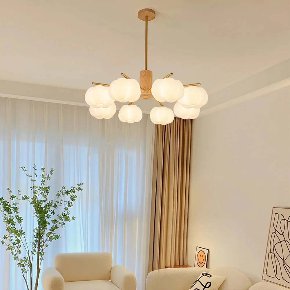 Cream Style Wooden Cotton Balls Chandelier For Living Room - Image 14