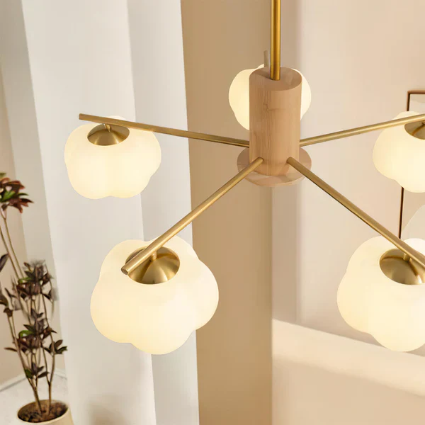 Cream Style Wooden Cotton Balls Chandelier For Living Room - Image 5