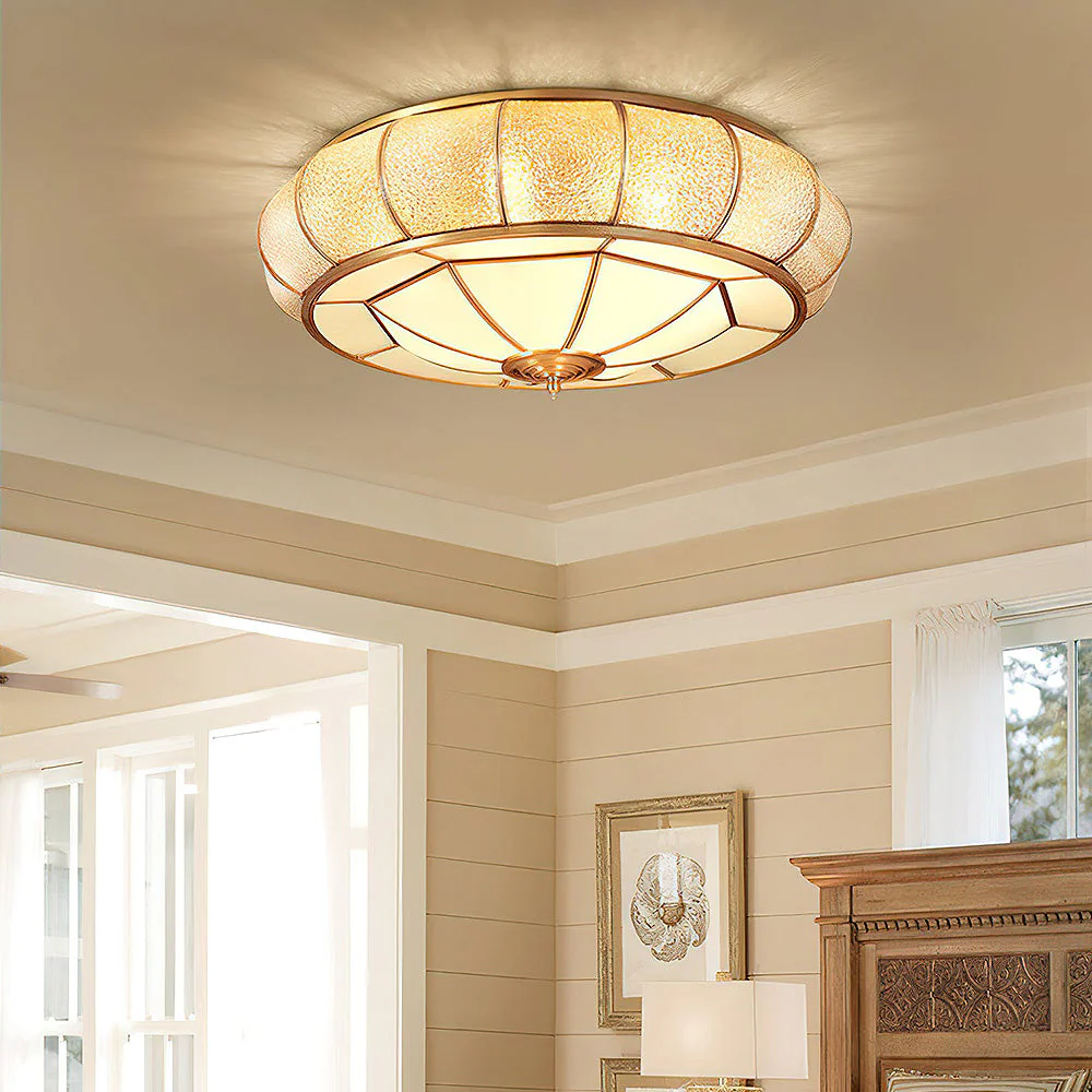 Mid-Century Gold Glass Drum Ceiling Light