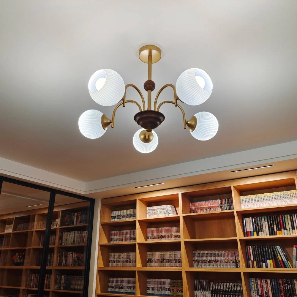 Contemporary Cream Ribbed Glass Chandelier - Image 8