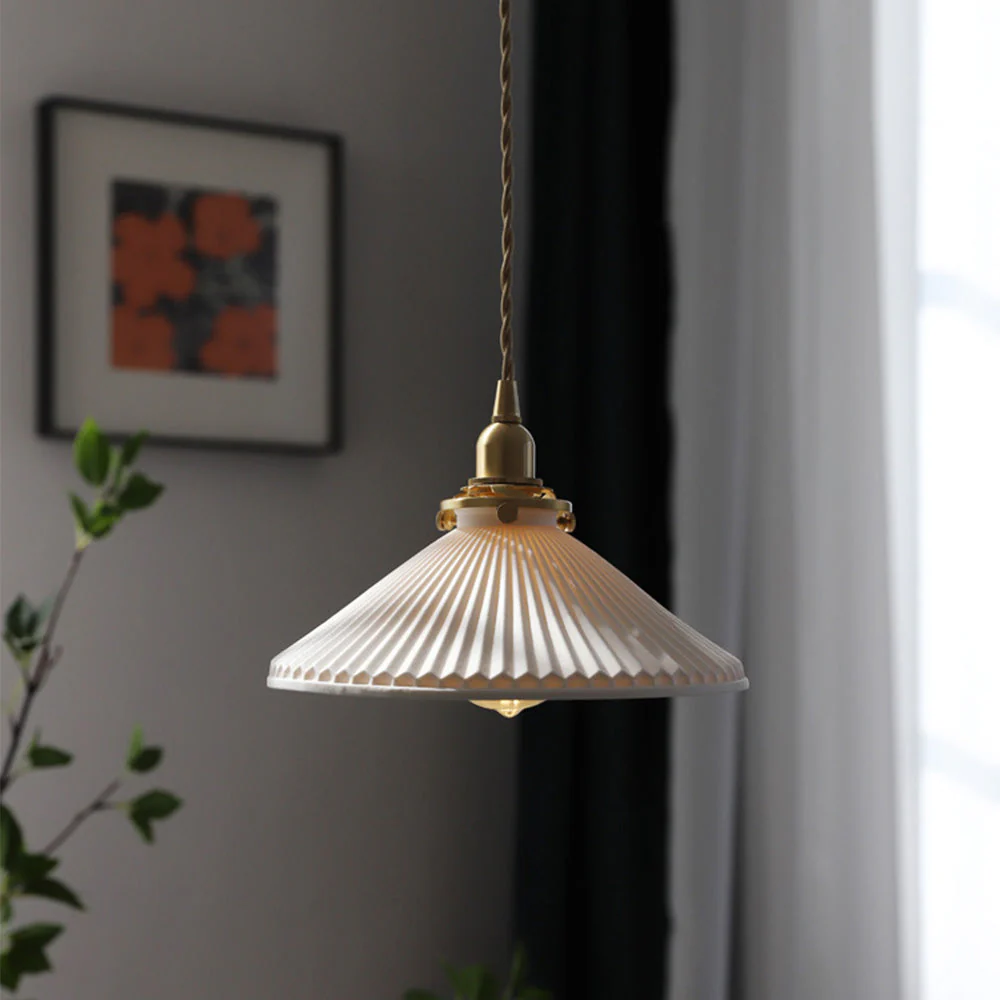 Modern Ceramics Retro Pleated Pendant Light For Living Room - Image 5