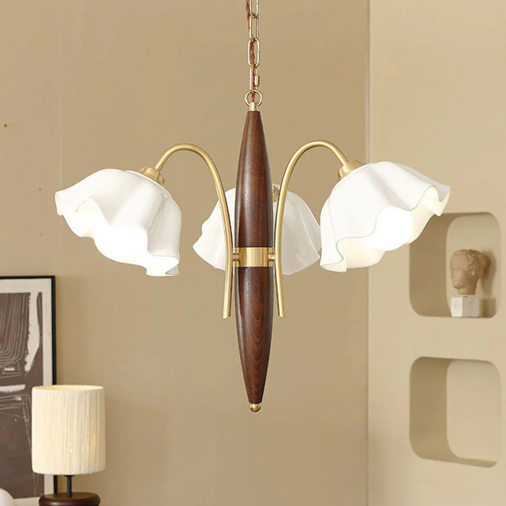 Vintage Ceramic Flower Shape Hanging Light Walnut Brass Chandelier