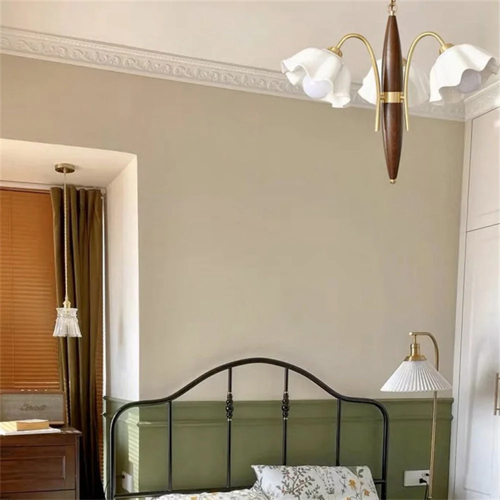 Vintage Ceramic Flower Shape Hanging Light Walnut Brass Chandelier - Image 4
