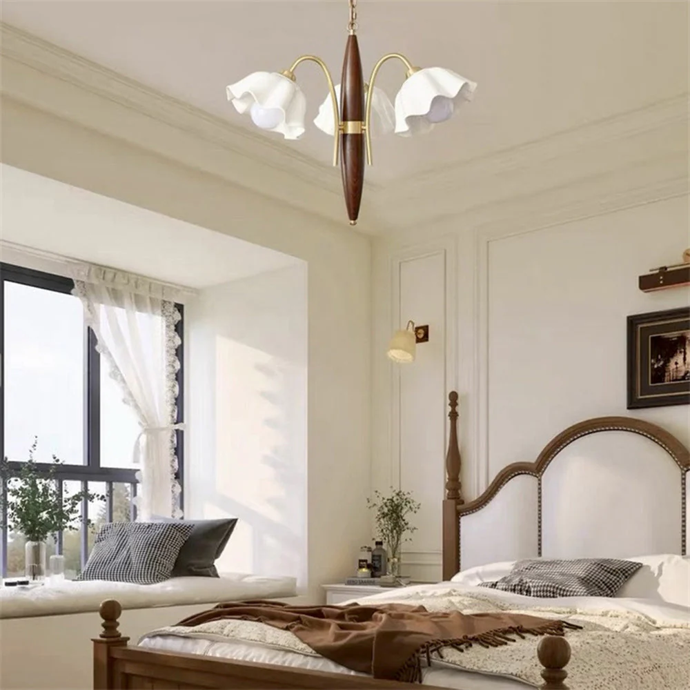 Vintage Ceramic Flower Shape Hanging Light Walnut Brass Chandelier - Image 5