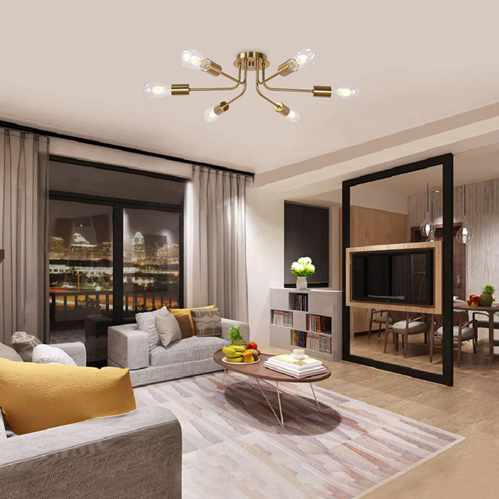 Modern 6-Light Gold Glass Semi Flush Chandelier - Image 3