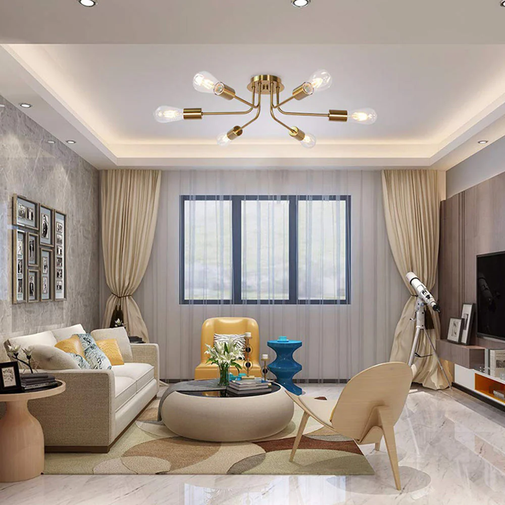 Modern 6-Light Gold Glass Semi Flush Chandelier - Image 8