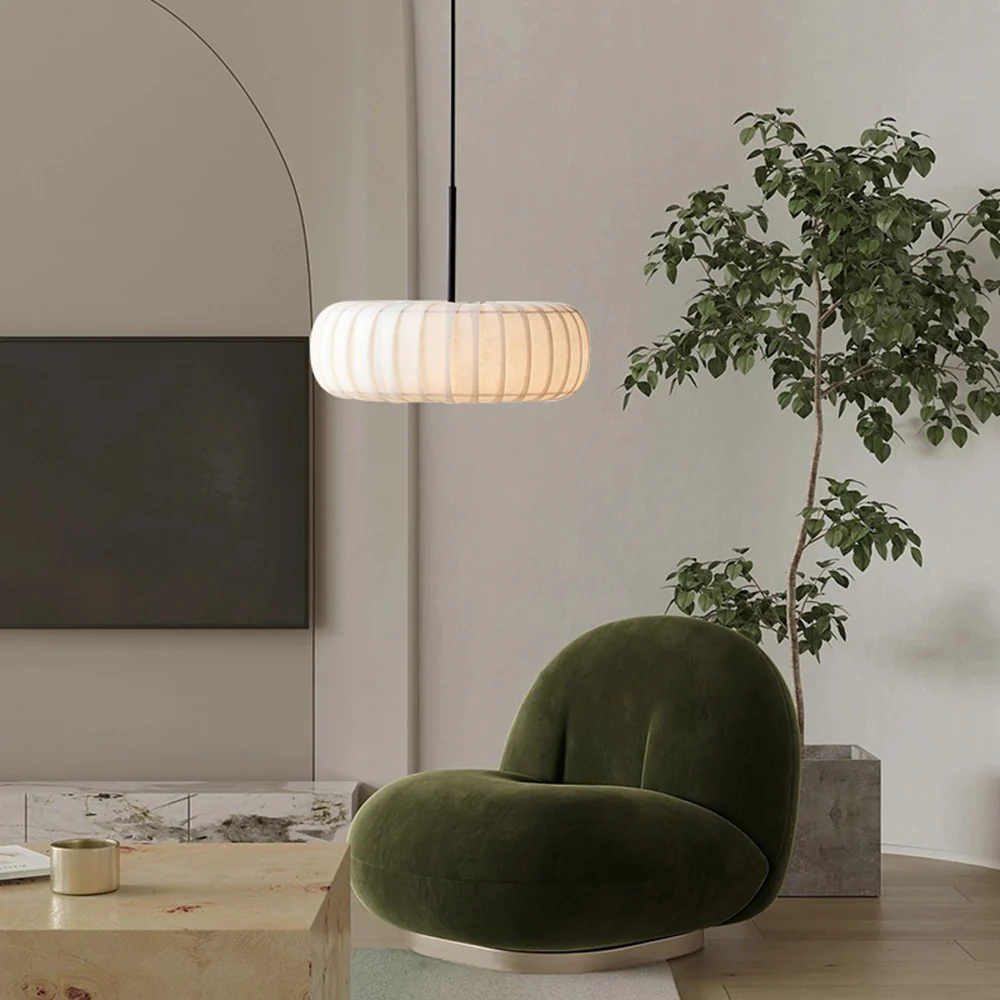 Pumpkin White Fabric Drum Pendant Light