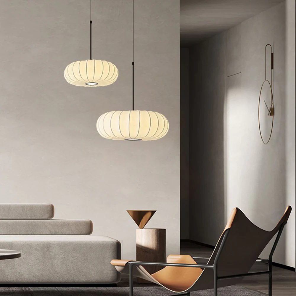 Pumpkin White Fabric Drum Pendant Light - Image 8