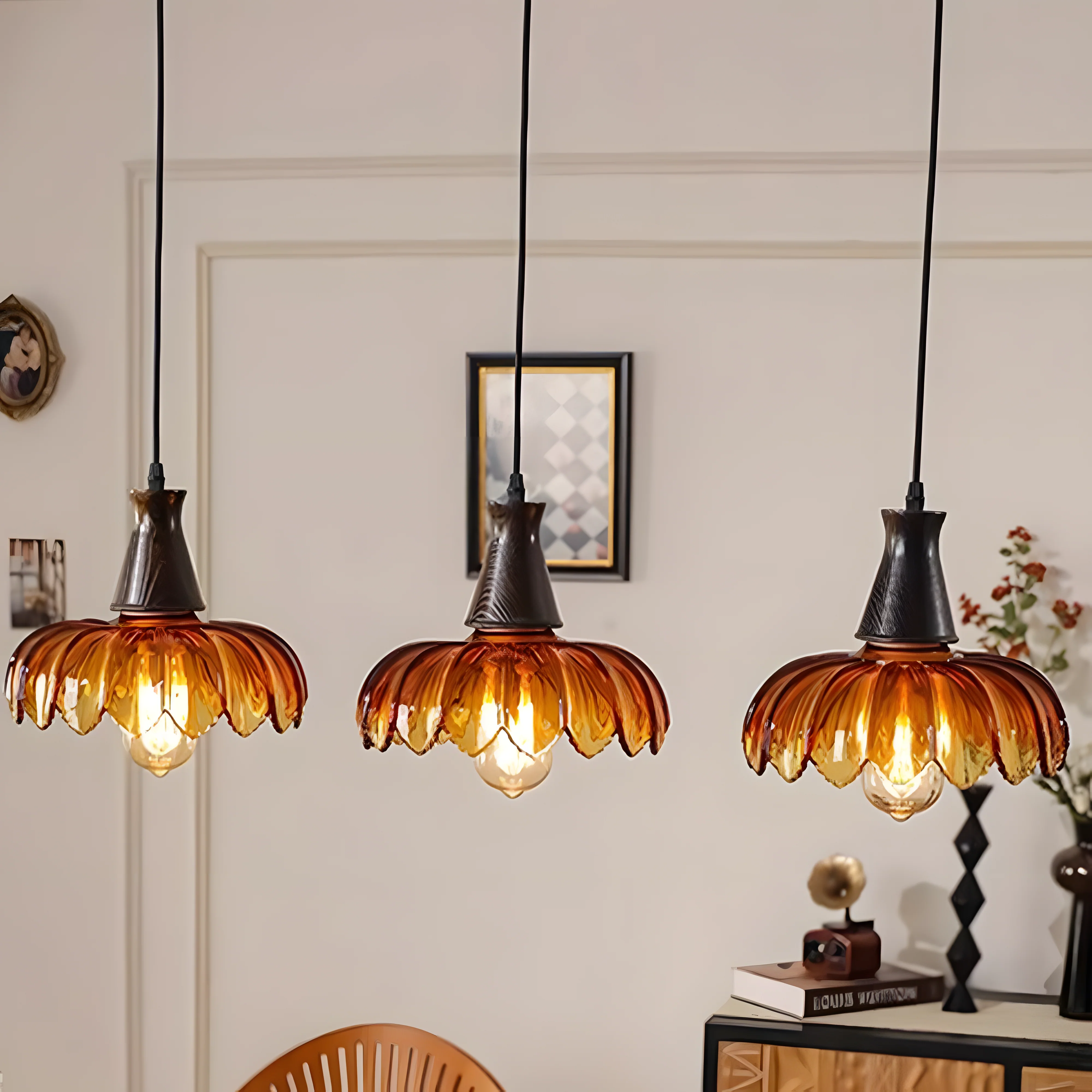 Retro Amber Blossom Glass Pendant Light - Image 4