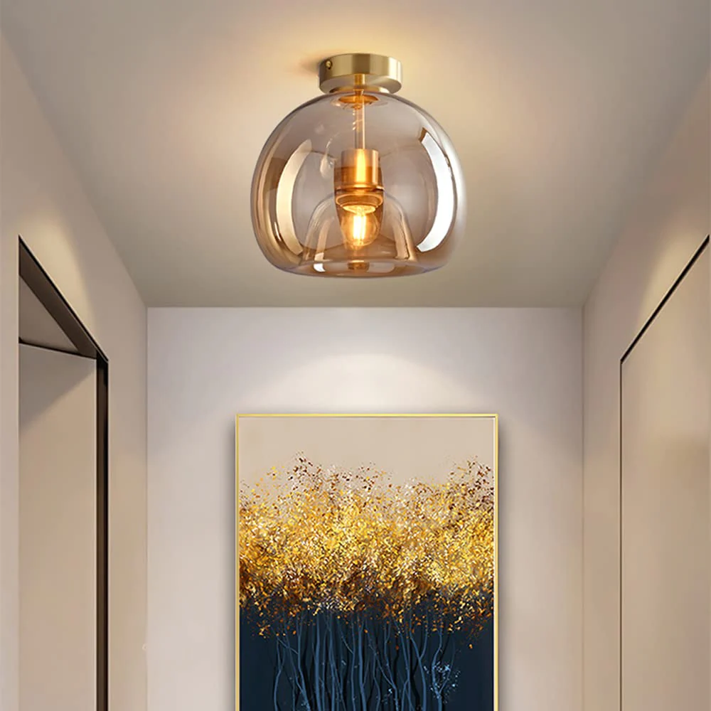 Retro Copper Glass Semi Flush Mount Ceiling Light - Image 2