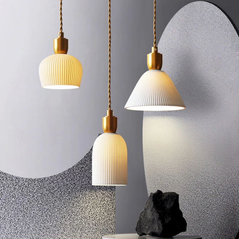 Retro Pleated Ceramic Brass Cocoon Pendant Lamp - Image 12