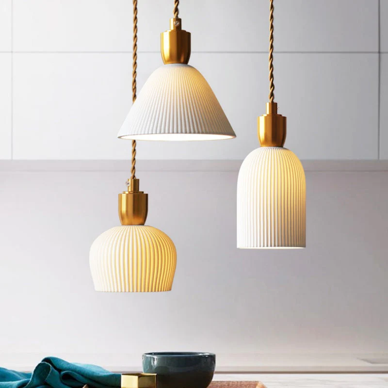 Retro Pleated Ceramic Brass Cocoon Pendant Lamp - Image 13