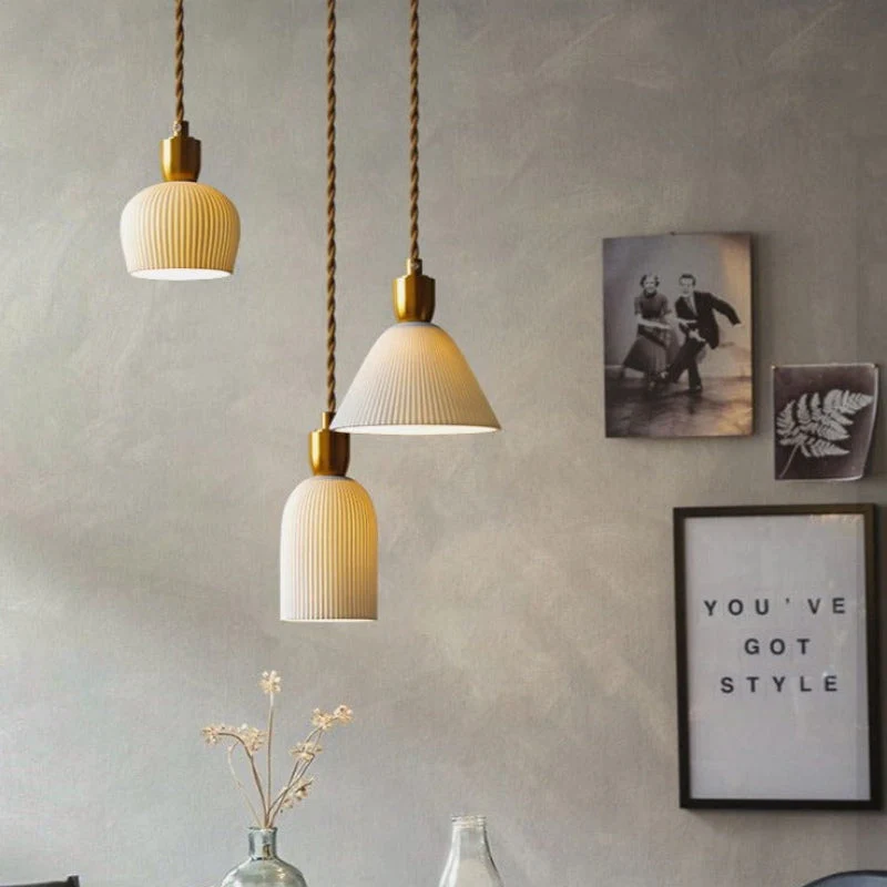 Retro Pleated Ceramic Brass Cocoon Pendant Lamp - Image 14