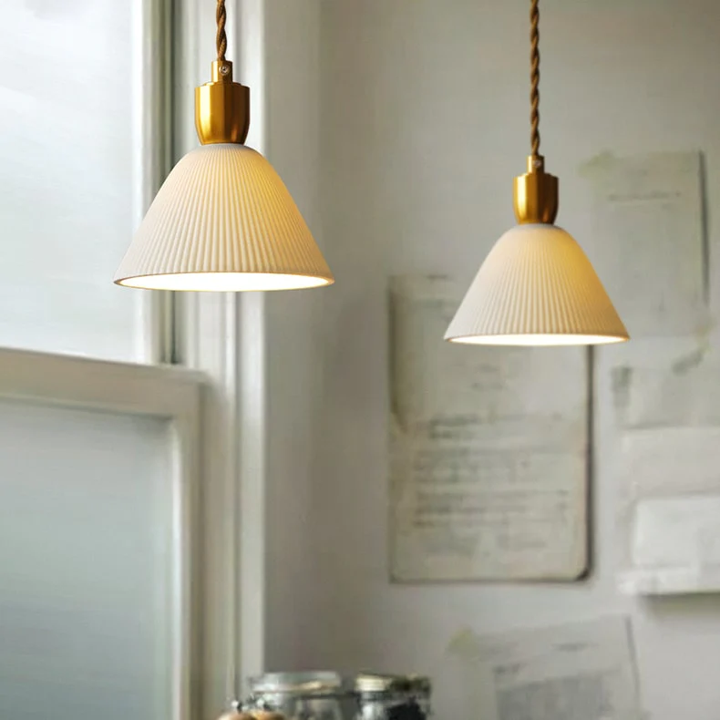 Retro Pleated Ceramic Brass Cocoon Pendant Lamp - Image 3