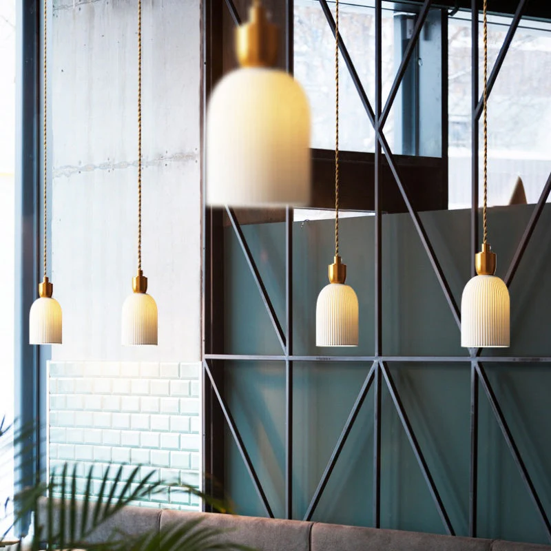 Retro Pleated Ceramic Brass Cocoon Pendant Lamp - Image 4