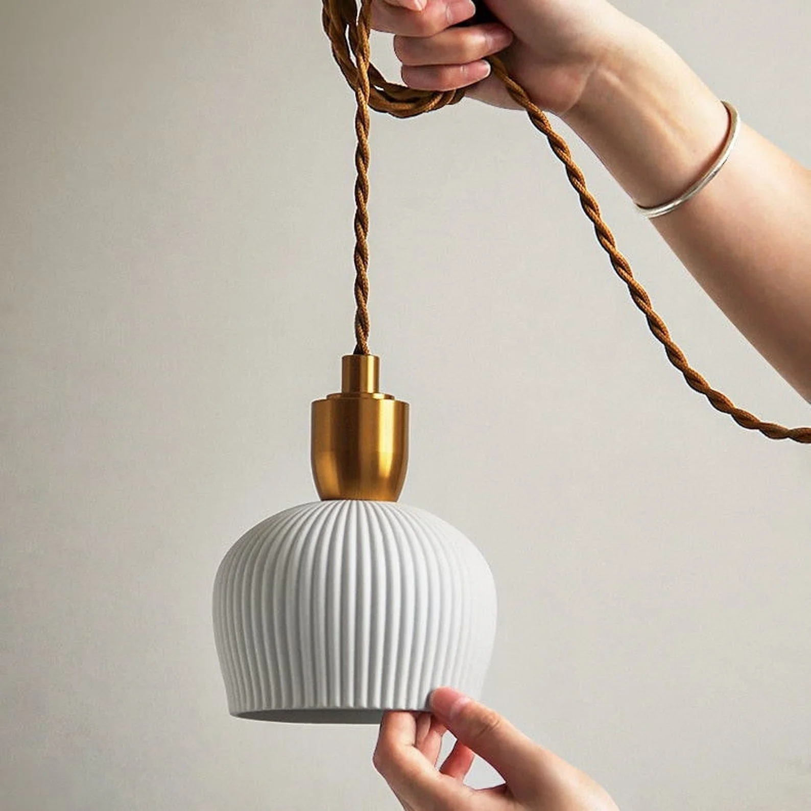 Retro Pleated Ceramic Brass Cocoon Pendant Lamp - Image 7