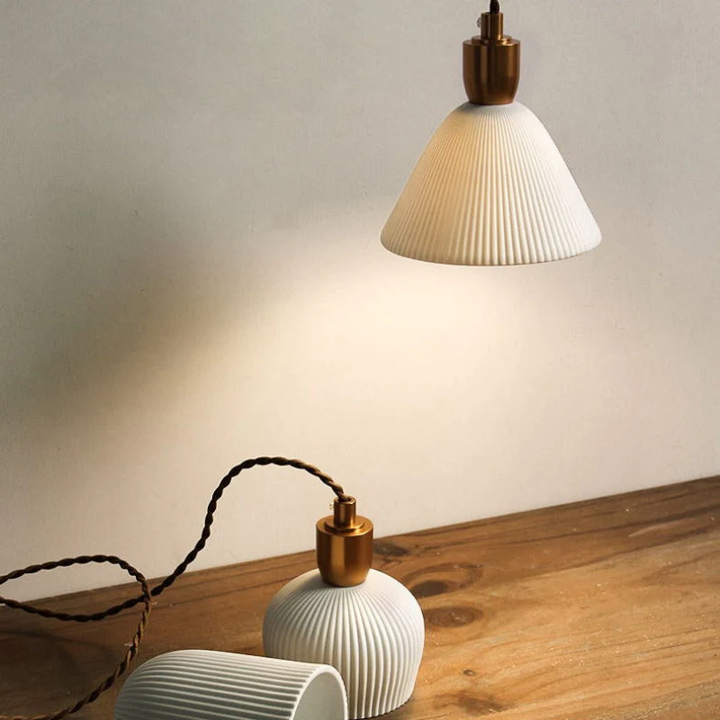 Retro Pleated Ceramic Brass Cocoon Pendant Lamp - Image 9