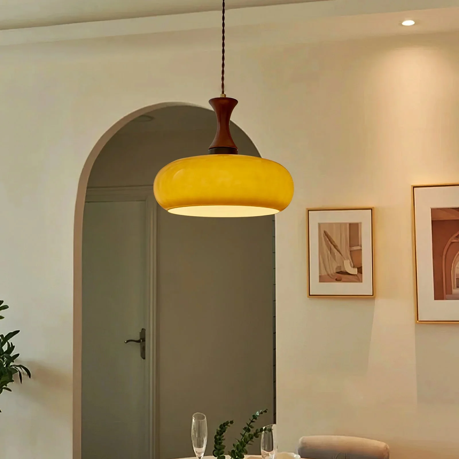 Wooden Yellow Dome Pendant Light for Kitchen Islands - Image 2