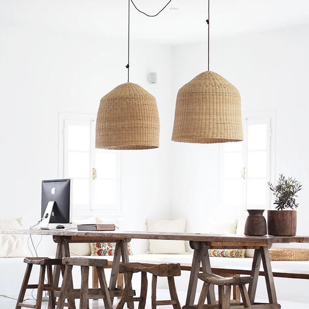 Round Short Bamboo Basket Kitchen Island Pendant Light - Image 3