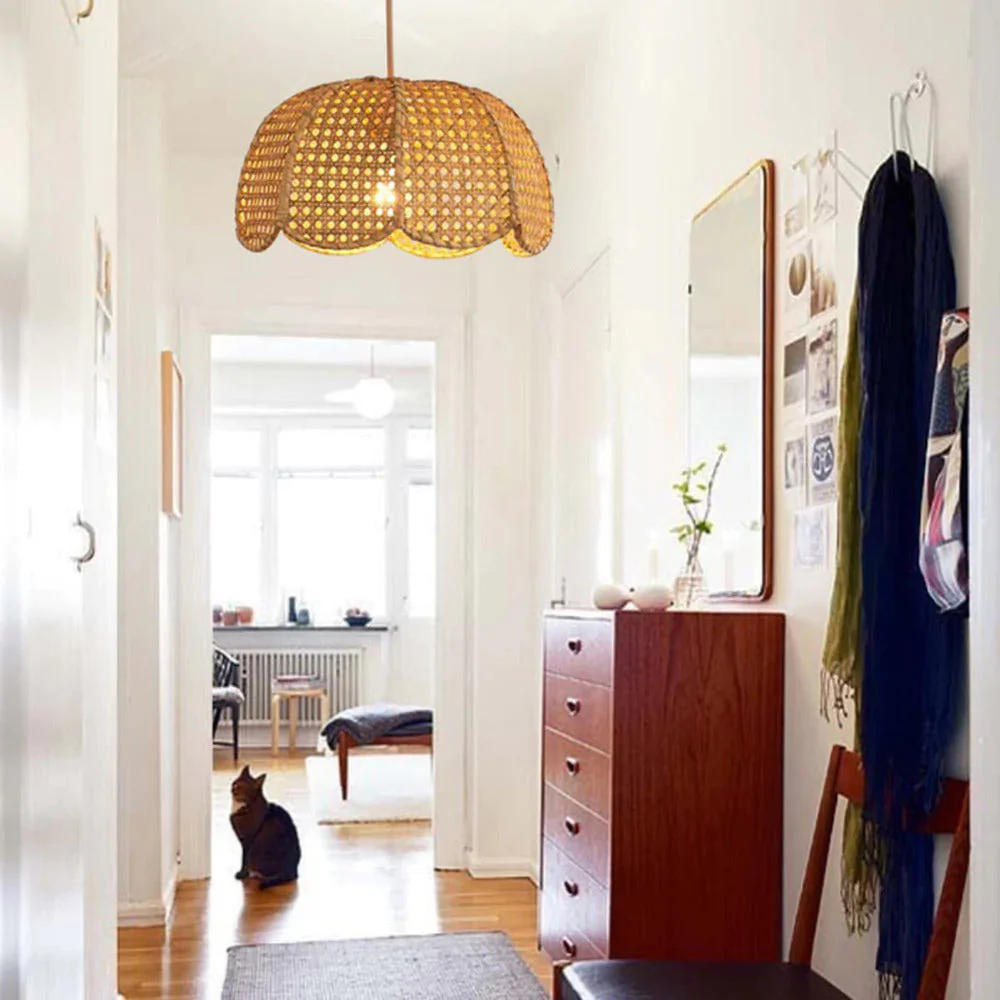 Short Round Rattan Natural Woven Lampshade Pendant Light - Image 9
