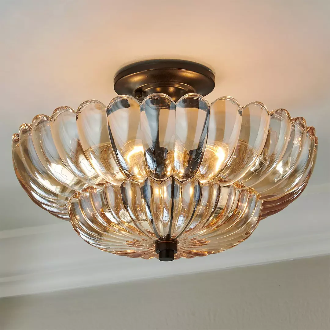 Vintage Amber Glass Semi-Flush Ceiling Light - Image 3