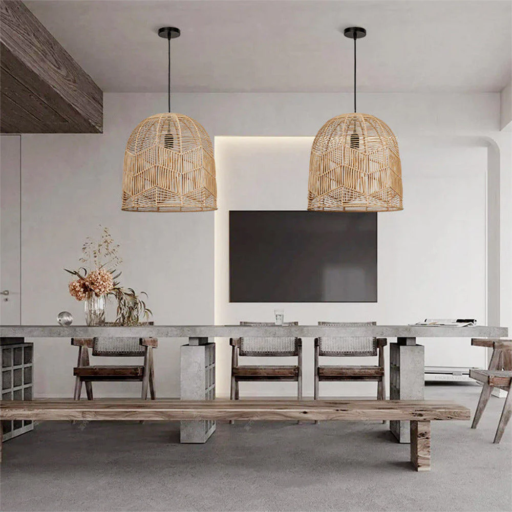 Vintage Handmade Basket Rattan Round Shades Pendant Light - Image 4
