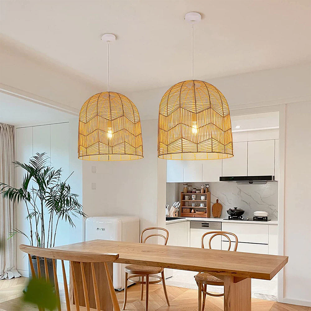 Vintage Handmade Basket Rattan Round Shades Pendant Light - Image 8