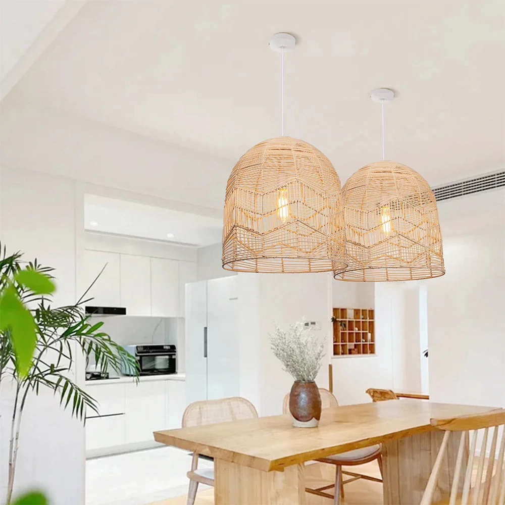 Vintage Handmade Basket Rattan Round Shades Pendant Light - Image 9