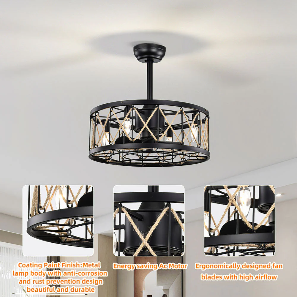 Vintage Rope Semi Flush Living Room Ceiling Fan With Light And Remote - Image 10