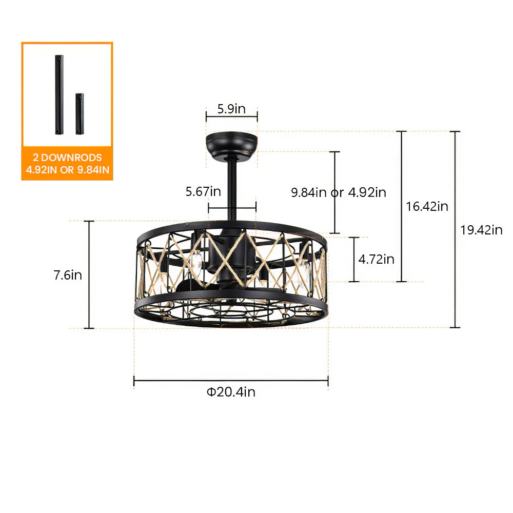 Vintage Rope Semi Flush Living Room Ceiling Fan With Light And Remote - Image 11