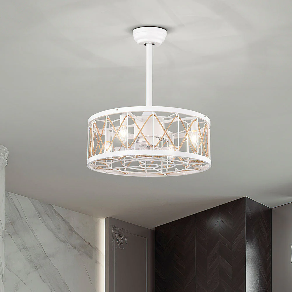 Vintage Rope Semi Flush Living Room Ceiling Fan With Light And Remote - Image 15