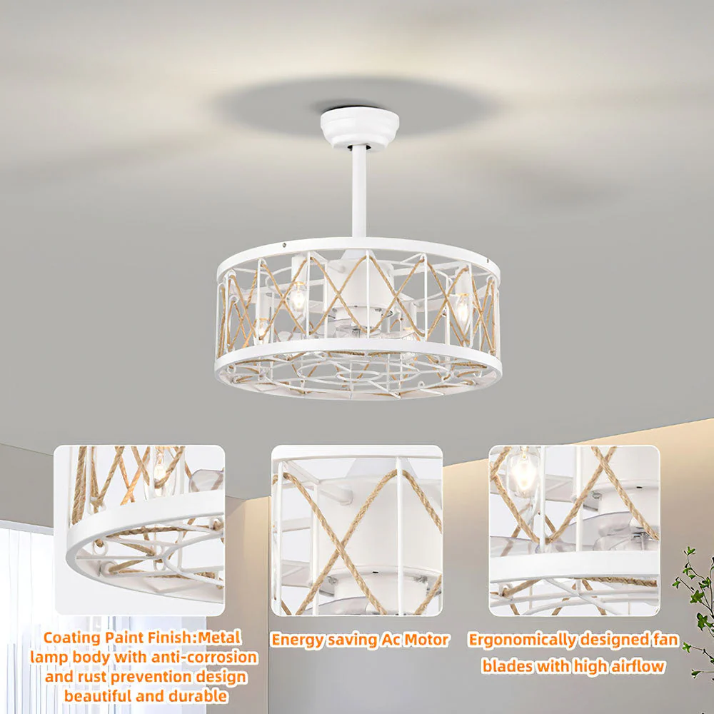 Vintage Rope Semi Flush Living Room Ceiling Fan With Light And Remote - Image 17