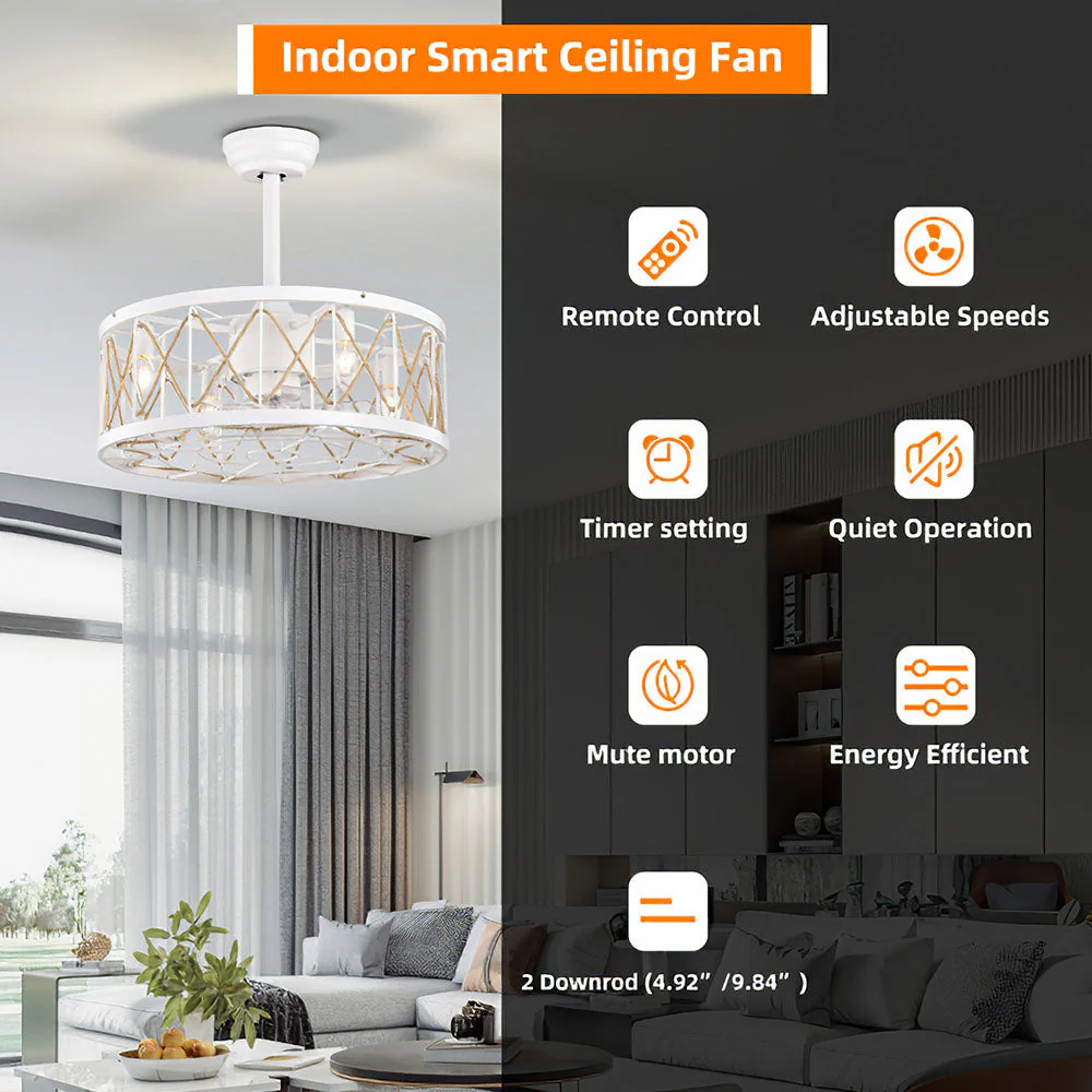 Vintage Rope Semi Flush Living Room Ceiling Fan With Light And Remote - Image 19