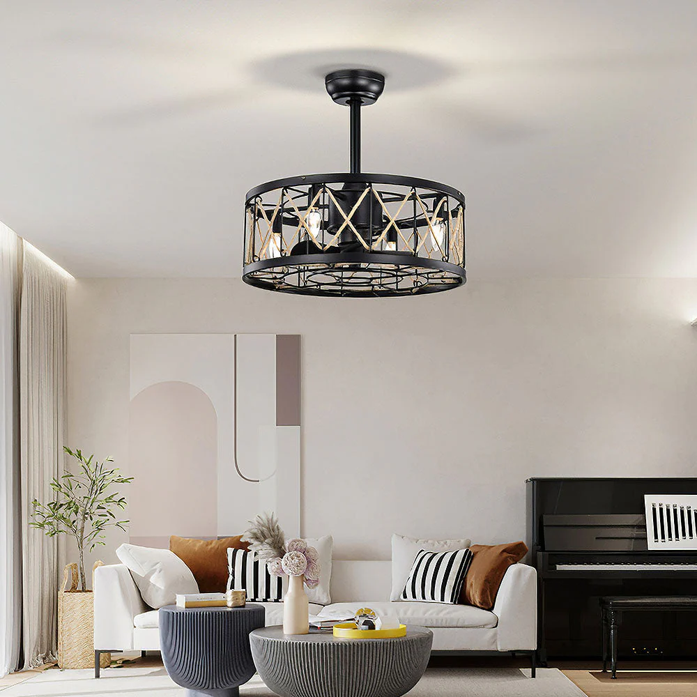 Vintage Rope Semi Flush Living Room Ceiling Fan With Light And Remote - Image 2